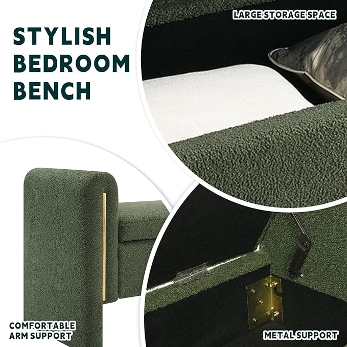 Modern 52" Storage Ottoman Bench, Upholstered End of Bed Storage Bench with Armrests, Entryway Bench, Teddy Foot Rest Stool for Living Room Hallway Bedroom (Green)