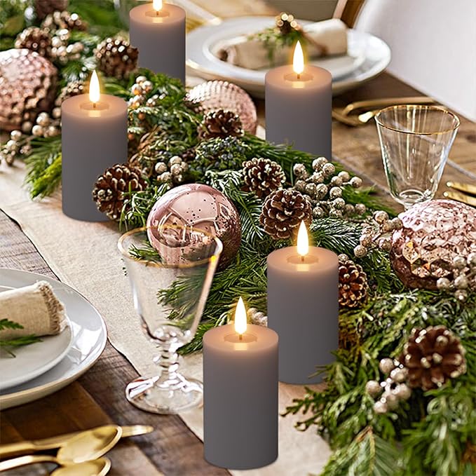 Eldnacele Flameless Pillar Flickering Candles with Remote and Timer, Battery Operated 3D Wick Real Wax LED Candle Set of 6 Gray Candles Christmas Holiday Decor Wedding Home Indoor Decorations