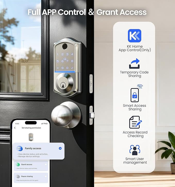 Veise VE017-K Fingerprint Smart Lock with 2 Knobs, App Control, Keyless Entry Front Door Lock Set, Electronic Touchscreen Keypad Deadbolt, Emergency Power Port, Easy Install, Auto-Lock, Satin Nickel