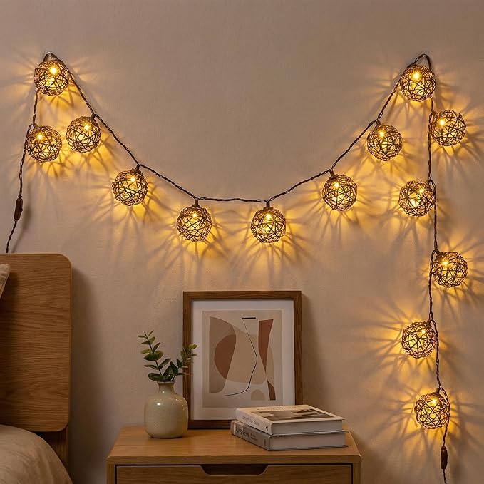 Vigdur Rattan Ball String Lights, Boho Lantern String Lights with 10 Led Bulbs Connectable, Indoor Outdoor String Light for Bedroom Wedding Garden Party Backyard Decor, 9.84FT
