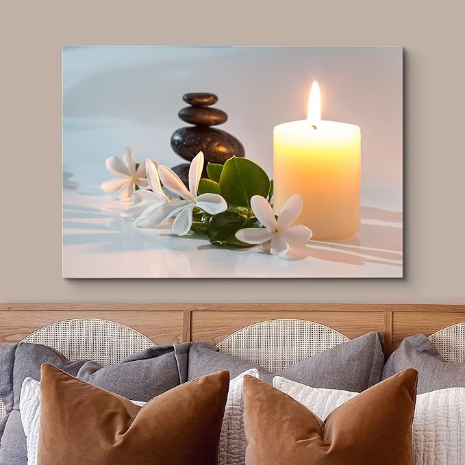 wall26 Framed Canvas Print Wall Art Tiare Flowers with Candle and Zen Stone Nature Wilderness Photography Realism Chic Scenic Colorful Rustic Ultra for Living Room, Bedroom, Bathroom, Office - 32"x48"