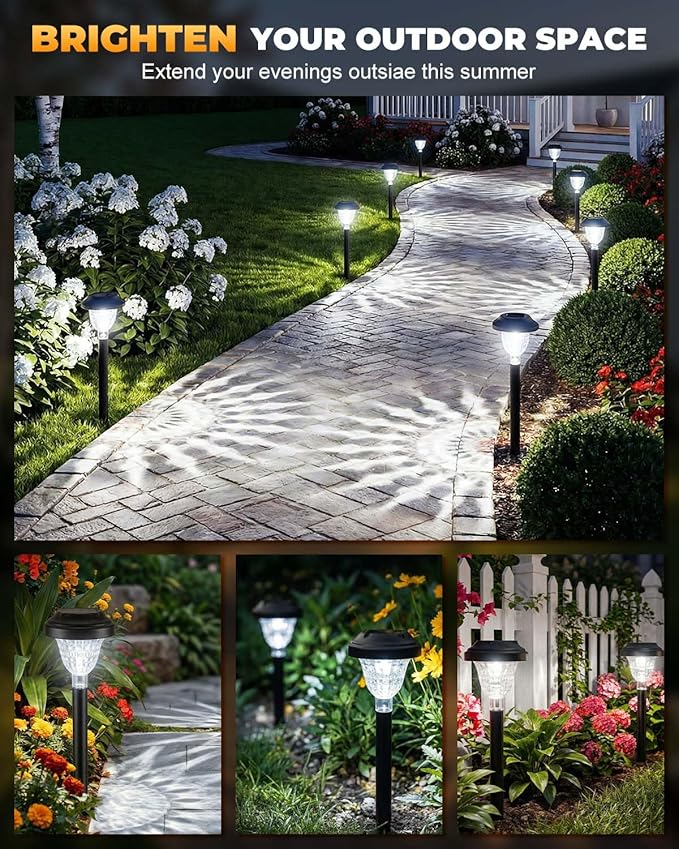 Solar Pathway Lights Outdoor 10 Pack Waterproof Solar Garden Lights Auto On/Off LED Solar Yard Lights 6000K Cool White Solar Stake Lights Outdoor Landscape Path Lights for Driveway Walkway