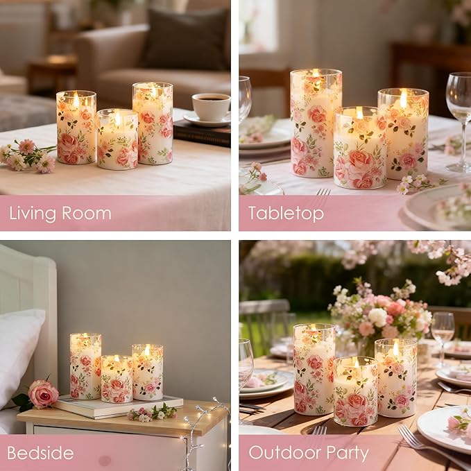 Flameless Candles with Remote, Battery Operated Glass Candles Pink Rose Flickering LED Candles Real Wax Floral Christmas Decor Electric Pillar Candles Set of 3