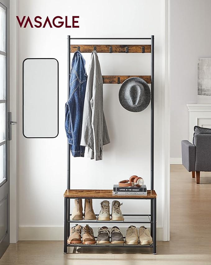 VASAGLE Coat Rack, Hall Tree with Shoe Storage Bench, Entryway Bench with Shoe Storage, 3-in-1, Steel Frame, for Entryway, 12.6 x 27.6 x 68.9 Inches, Industrial, Rustic Brown and Black UHSR41BX