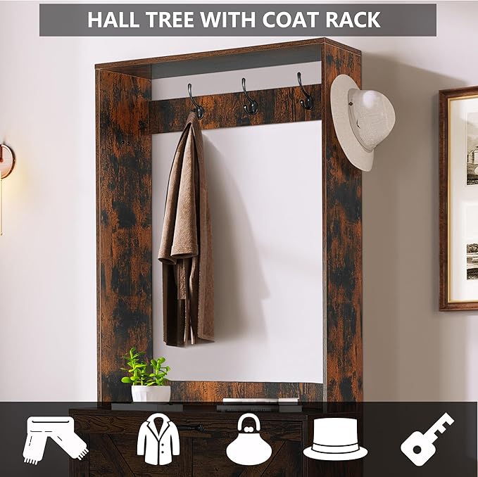 Betoko Hall Tree with Shoes Storage,Farmhouse Corner Coat Rack with 5 Coat Hooks, Wooden Entryway Tree Cabinet with 2 Shoes Cabinets for Hallway Mudroom, Brown
