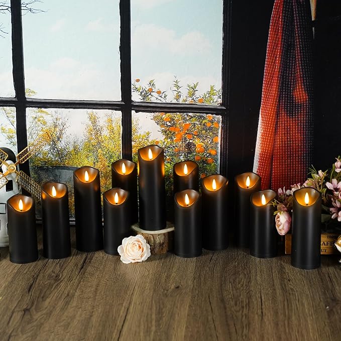 Flameless Candles with Remote, Battery Operated Flickering Flameless Candles, LED Candles with Timer 2/4/6/8H, with Realistic LED Candles Set of 12 (D2.2 x H 5" 6" 7") (Black)