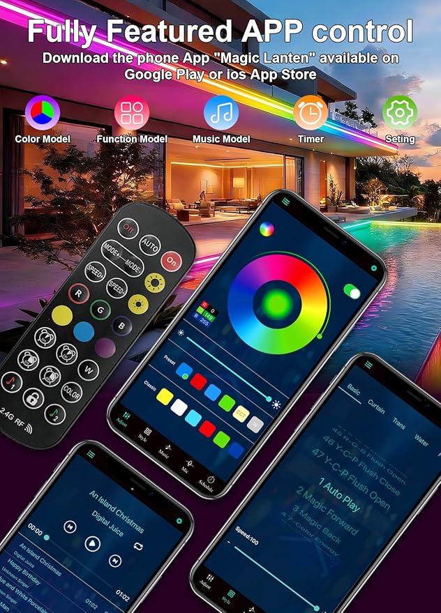 80FT COB RGB IC Outdoor LED Strip Lights Waterproof, Multicolor IP67 Outside Flexible UL Listed 24V with App Remote Control,Music Sync Exterior Rope Lights for Patio, Eave, Party Decorations(2 Roll)