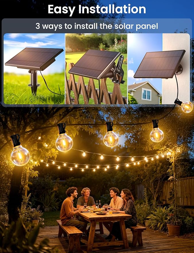 Brightever G40 Solar String Lights Outdoor with Remote, 200FT 72+2 LED Shatterproof Bulbs, Dimmable & Timable, 3 Lighting Modes, Waterproof Solar Power Outdoor Lights for Patio, Market, Wedding