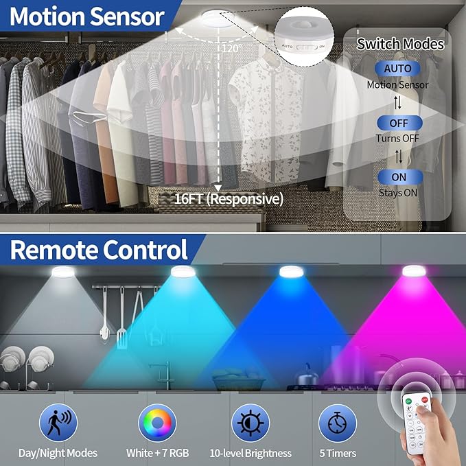 RGB LED Rechargeable Motion Sensor Light Indoor with Remote, Long-Lasting Battery, Bright & Dimmable, Stick-On Puck Night Light for Closet, Cabinet, Kitchen, Stairs, Shelves - Cool & RGB 2Pack