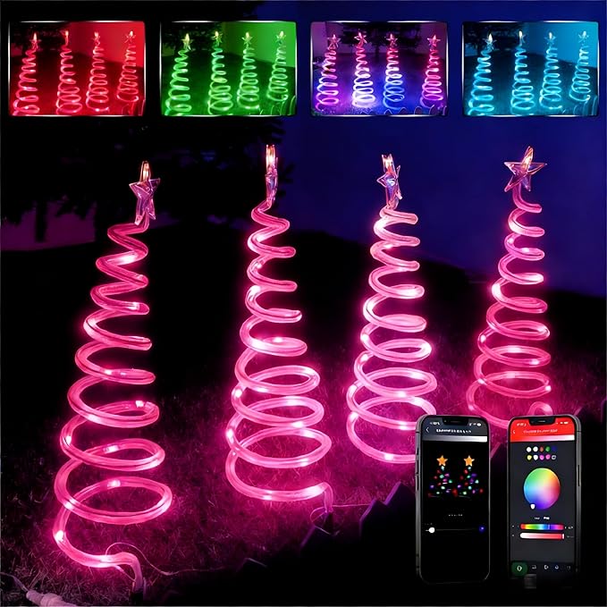4 Pack Smart Spiral Pathway Lights Outdoor, DIY RGB Color Changing, 80+ Lighting Modes, Remote & App Control, Timer, IP67 Waterproof Landscape Path Lights for Holiday Yard, Garden & Patio Decor Lights