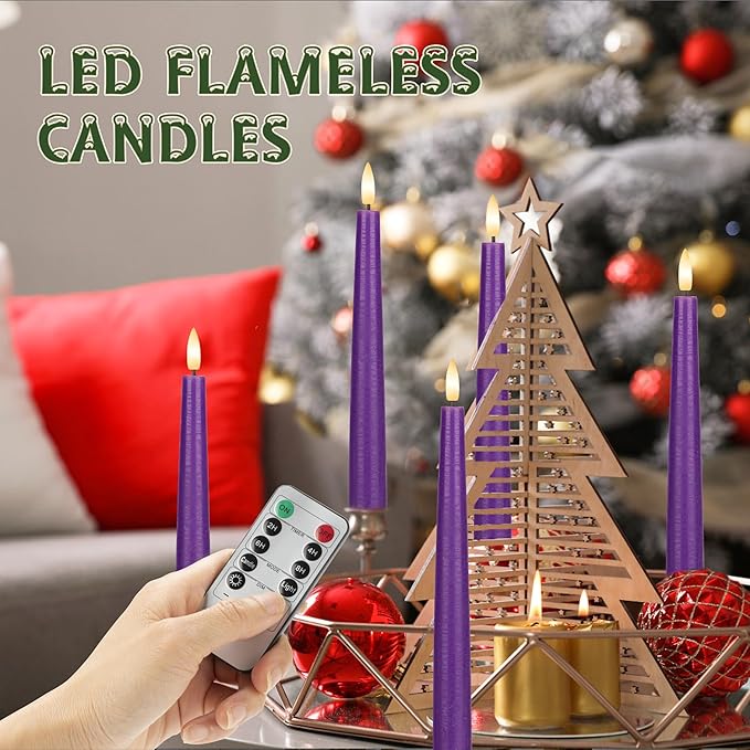Purple Flameless Taper Candles with 3D Wick, 9.6" Real Wax LED Candles with Remote, 3 Pack Flickering Candlesticks Battery Operated, Classic Tall Taper Candle for Home, Wedding, Party