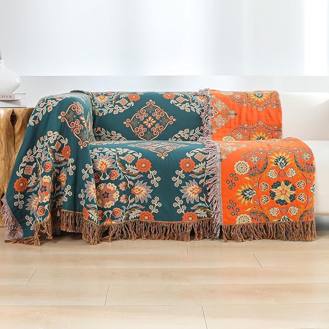 Throw Blankets Queen Size for Bed Couch,100% Cotton Soft Lightweight Blanket Rustic Quilt -Orange Floral Printed Farmhouse Decor Bed All Season Blankets,80"×90"