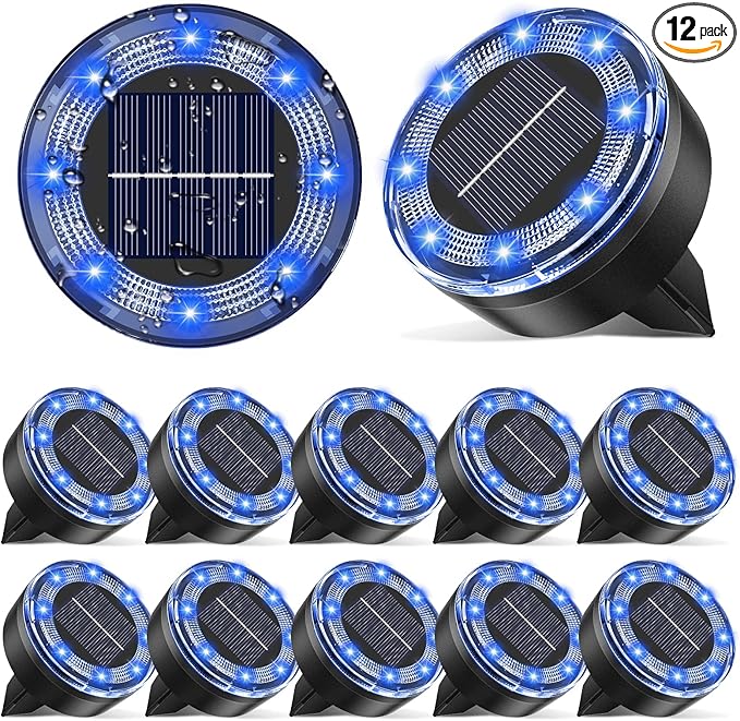 Mini Solar Ground Lights, 12 Pack Solar Lights Outdoor Waterproof, Upgraded LED Flat Landscape Lighting for Outside Pathway Garden Patio Yard Driveway,Blue