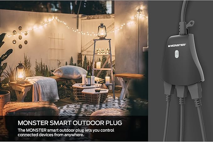 Monster Outdoor Smart Outlet Plug, 3-Outlet, Voice Control Compatible with Alexa and Google Assistant, Scheduling, Timer Control, Automation, Quick Setup via 2.4GHz Wi-Fi, Smart Outdoor Plug