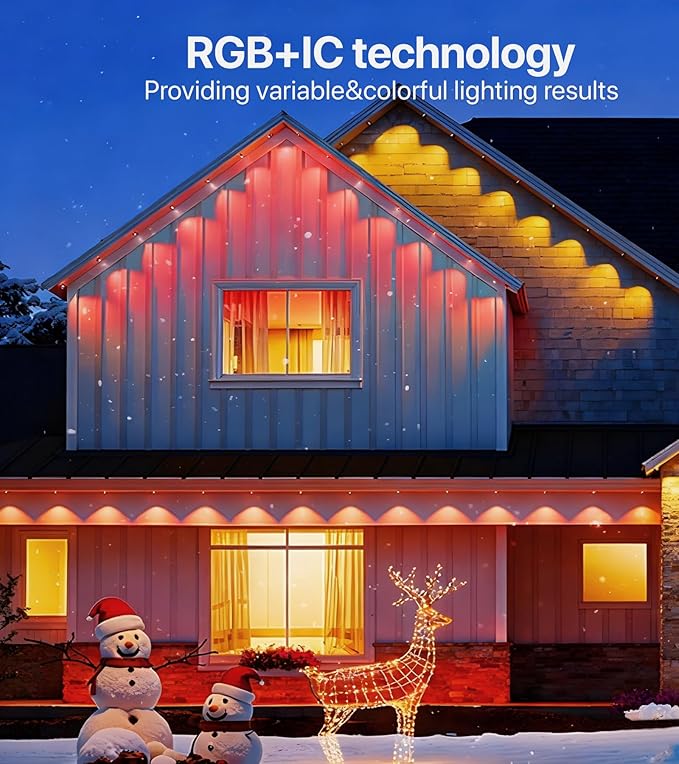 Permanent Outdoor Lights for House: 100FT RGB+IC LED Eave Light with Smart APP & Remote Control, 72 Scene Modes, IP65 Waterproof String Lights-Party, Christmas Decoration(Extension Cord Not Included)