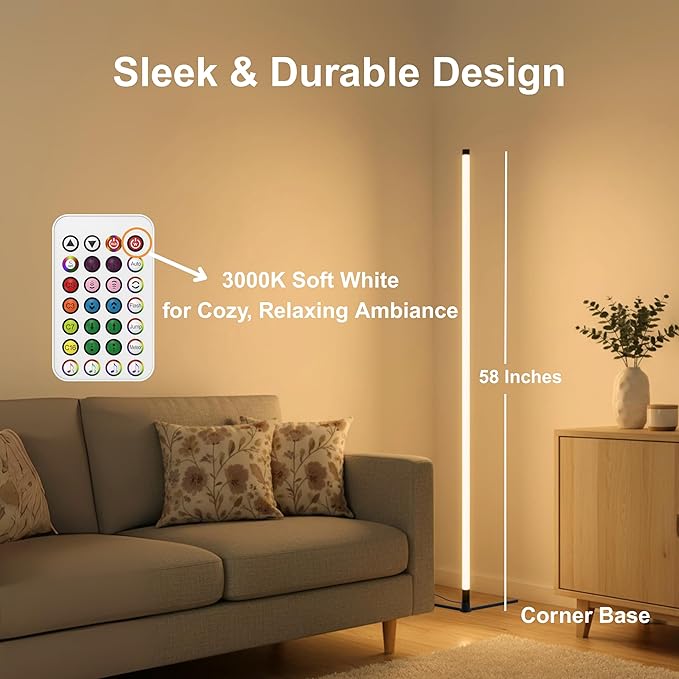 RGBICW LED Corner Floor Lamp 58'' with Music Sync, Remote Control, Color-Changing Ambient Lighting for Living Rooms, Gaming, Home Office (Corner Base)