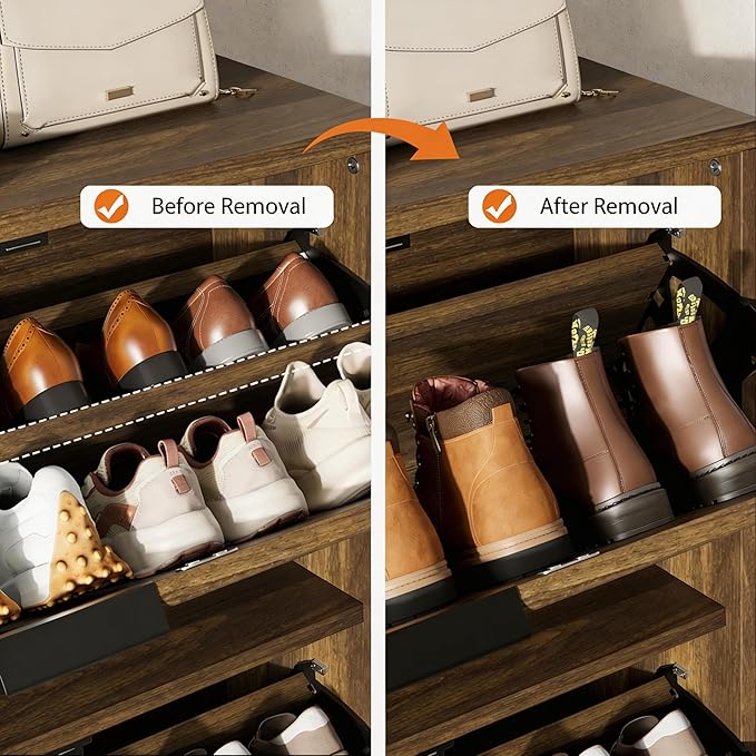 Garvee Shoe Storage Cabinet for Entryway, Fluted Shoe Cabinet with 3 Flip Drawers Doors, 32" Wide Hidden Shoe Rack Tall Freestanding Shoe Organizer for Entrance, Hallway, Living Room, Walnut