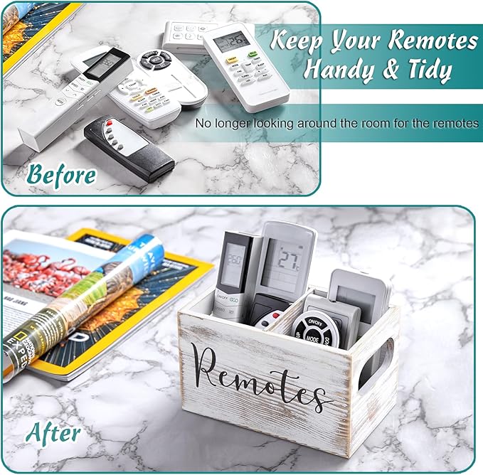 DRASTAR Remote Control Holder, Retro White TV Remote Holder, Remote Organizer Caddy for Table, Wooden Remote Box for Nightstand, Remote Caddy with 2 Slots