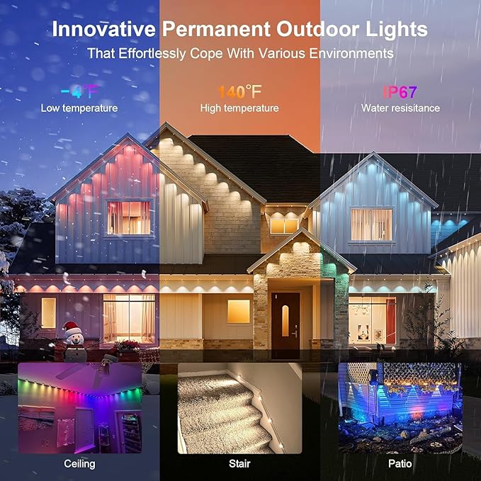 Permanent Outdoor Lights 50 FT Patio Lights,50ft RGB+IC Smart Outdoor Decor, 50 Scene Modes App/Remote Control, IP67 Waterproof for Christmas Holiday Party Decor for Garden House Roof Lighting