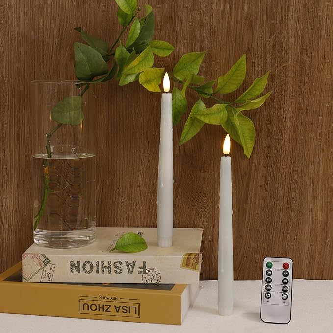 White Flameless Taper Candles with Remote and Timer, 9.68" Dripping Wax Look Battery LED Candlesticks with 3D Flickering Flame, Plastic Candle Set of 2 for Christmas, Wedding, Home Decor