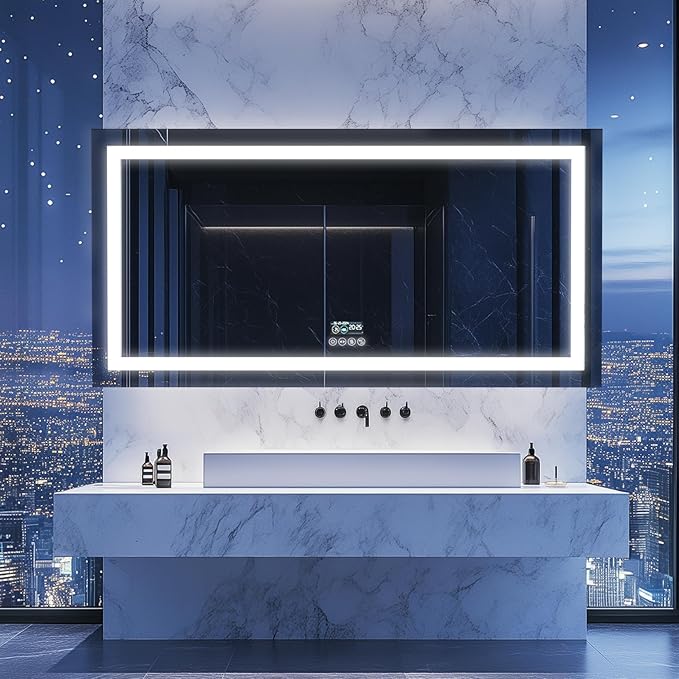 LUVODI Smart LED Bathroom Mirror: 71”x32”Large Wall Mounted Vanity Mirror with Bluetooth Speaker and Time Temperature Display - Dimmable Lighted Modern Makeup Mirror with Front&Back Lit Anti Fog