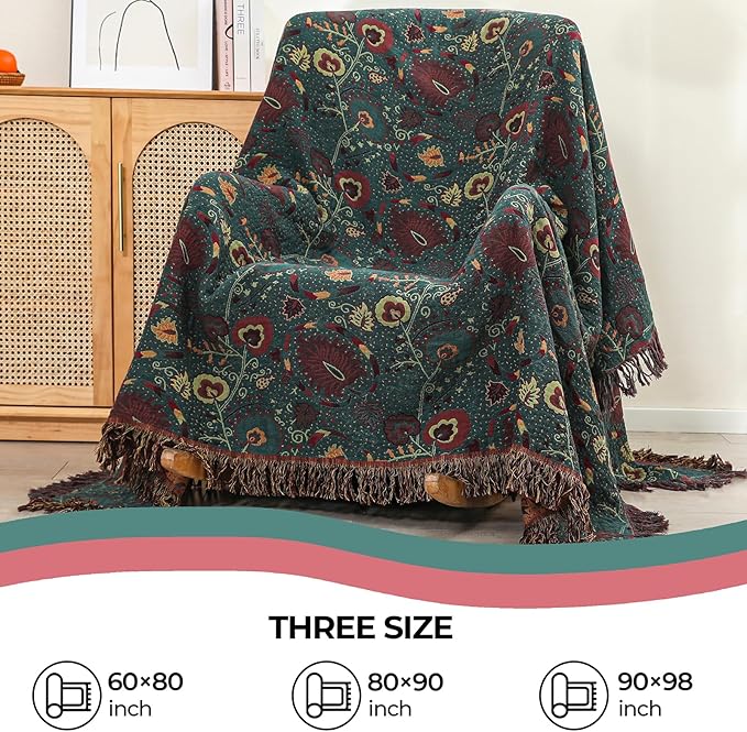 Boho Fall Throw Blanket for Bed,100% Ultra Cotton Soft Breathable Bed Throw Floral Printed Farmhouse Decor Rustic Bed Throws for Couch Sofa Quilt 90" x 98"
