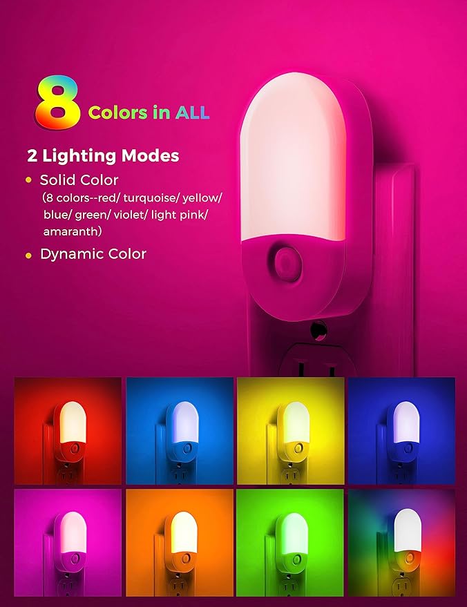 L LOHAS LED Night Light for Kids [2 Pack], 8-Color Changing Night Lights Plug into Wall, RGB LED Nightlights, Nightlight with Light Sensor, Cute Night Light for Bathroom Decor, Children Room,Gift