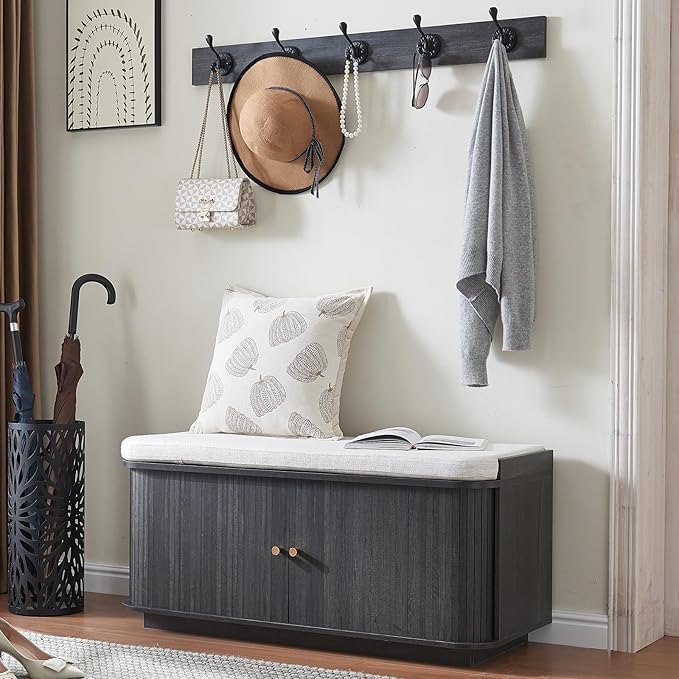 Hall Tree with Bench and Shoe Storage, Entryway Bench with Sliding Door Cabinet, Removable Padded, Metal Wall Hooks and Adjustable Storage Compartments, for Entry, Hallway, Living Room, Dark Grey