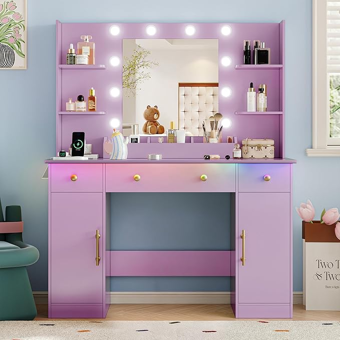 Vanity Desk with Mirror and Lights, 43'' Makeup Dressing Table Set with 5 Drawers & Power Outlet, 3 Lighting Modes Brightness Adjustable, Vanity with RGB Ambient Light for Women Girls Bedroom, Purple