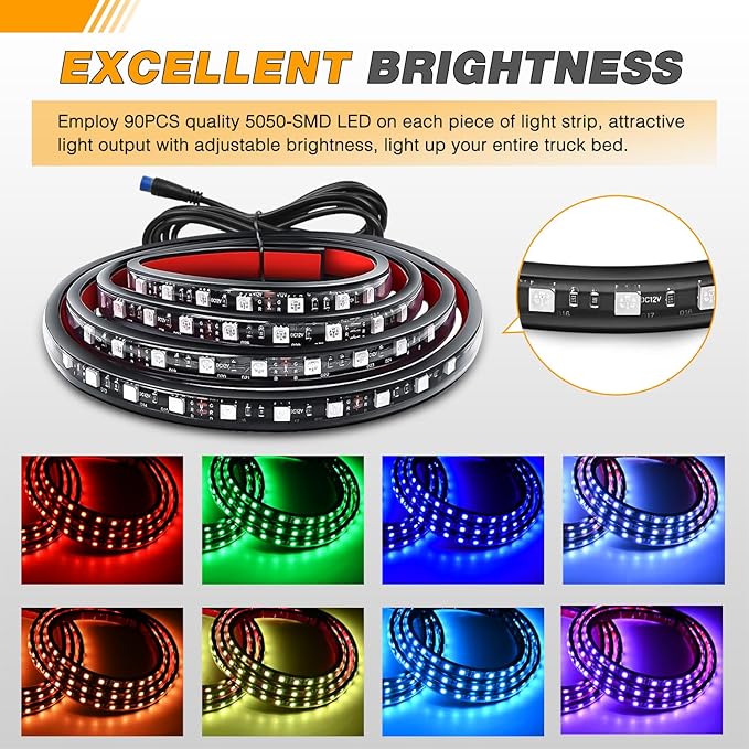 GOOACC RGB Truck Bed Light Strip 3PCS 60" 270 LEDs Neon Accent Lighting with RF Remote On/Off Switch Splitter Extension Cable for 12-Volt Car Cargo Pickup SUV RV Boat