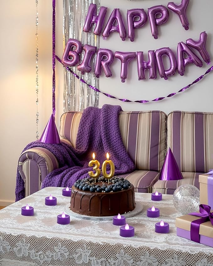 Amagic 30 Pcs Purple Flickering Flameless Tea Lights Battery Operated, 200+ Hours Long Lasting Colored Candles for Wedding, Table Centerpiece, Home Decor, Party, Halloween, Christmas, Proposal