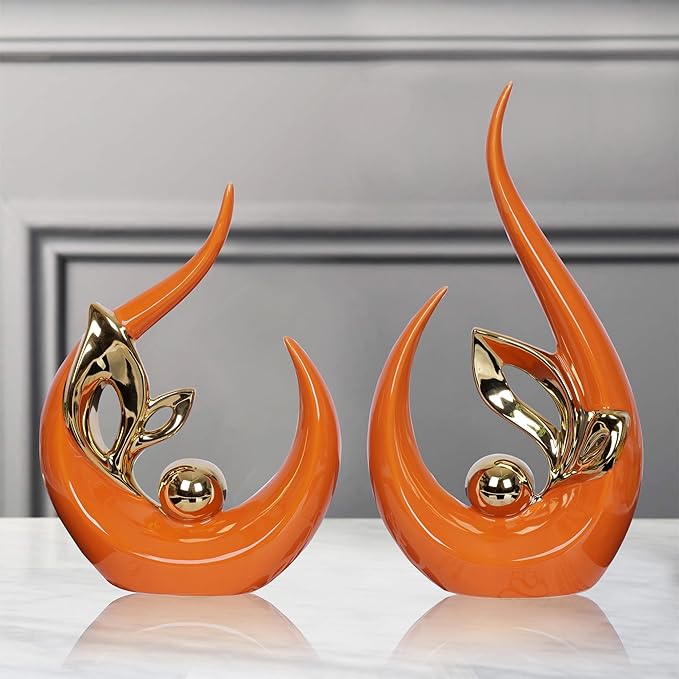 2 PCS Orange Gold Home Decor Accent Ceramic Statue Abstract Sculptures Centerpieces Mid Century Modern Decor for Tables Coffee Table top Decorations for Living Room Desktop Shelf Dining Room Kitchen