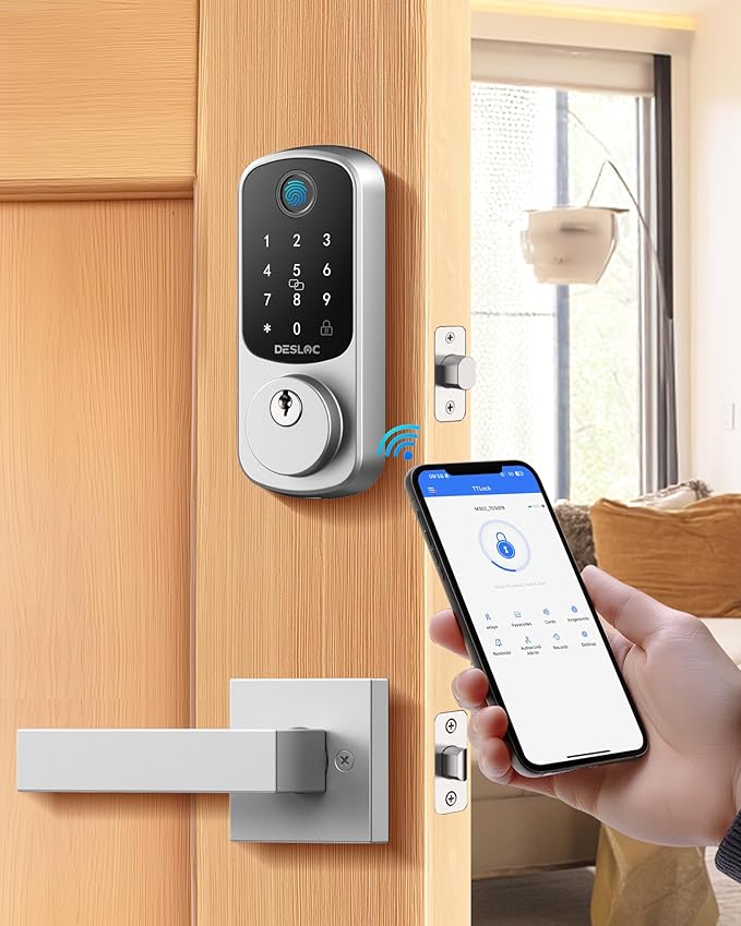 DESLOC B200 Fingerprint Smart Lock with 2 Durable Lever Handles, Keyless Entry Front Door Lock Set, Electronic Keypad Deadbolt, App Control, DIY Installation, Designed for a Secure DESLOC Home, Silver