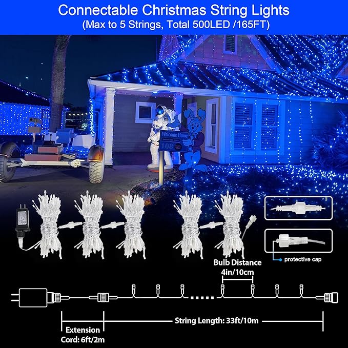 String Lights Indoor Bedroom, 33FT 100 LED Fairy String Lights Outdoor Waterproof, 8 Modes Memory Twinkle Christmas Light Plug in for Classroom Dorm Patio Tree Garden Decor (Blue)