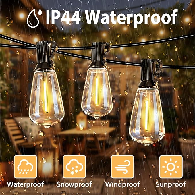 Smart Outdoor String Lights, 50FT ST38 LED Patio Lights with Timer Remote APP Control, 22 Shatterproof LED Bulbs (2 Spare), Dimmable Waterproof Hanging Light for Backyard Porch Party Decor