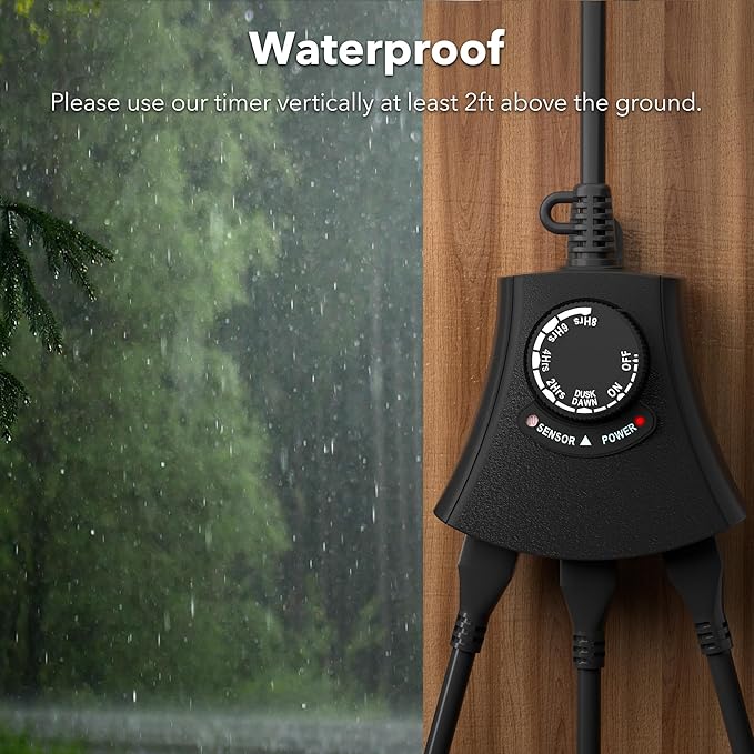 HBN Outdoor Light Timer Waterproof, Weatherproof Photocell Dusk to Dawn Light Sensor, 2/4/6/8 Countdown Timer, 3 Grounded Outlet for Christmas Lights，Hallowen Deceration，1875W 15A 1/2HP