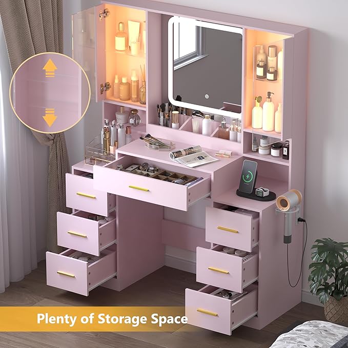 Pink Makeup Vanity Desk with Mirror & Lights, Modern Vanity Table with Charging Station, 7 Drawers, Glass Cabinet, Adjustable Shelves, Bedroom Dressing Table Set for Women & Girls