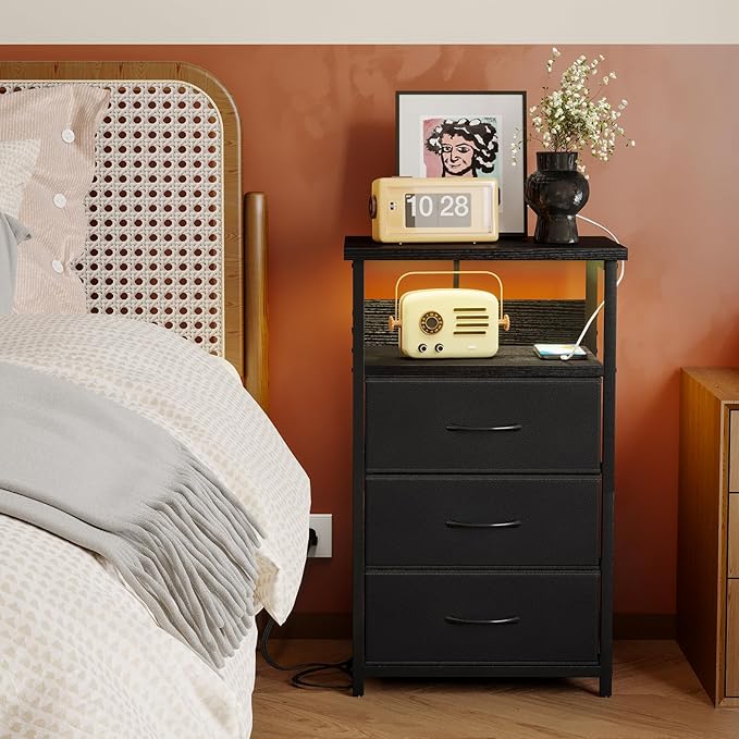 Fixwal Night Stand with 3 Fabric Storage Drawers, LED Nightstand with Charging Station, Bedside Table, Black