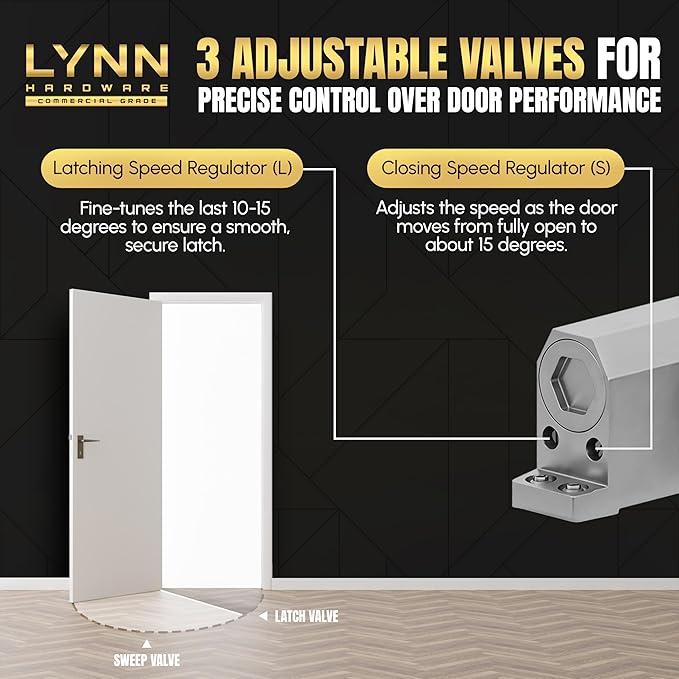 LYNN HARDWARE Light Duty Automatic Door Closer (Brass/Gold) - Highly Durable Cast Aluminum, Commercial or Home Use, Adjustable Speed Controls, 3 Mounting Options, 3 Hour Fire Rated (DC5003 Model)