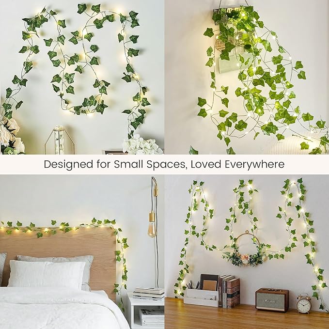 Ivy Vine Garland with 40 LED Fairy Lights – Vintage Greenery Decor with Remote & Timer, Battery or USB Powered for Dorm Room, Bedroom & Creative Wall Decor