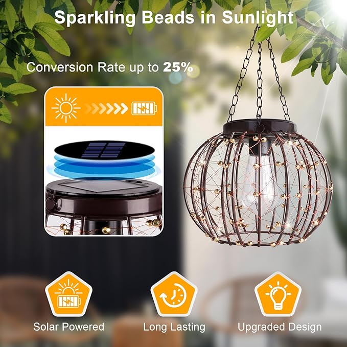 Hanging Solar Lanterns Outdoor Waterproof, Vintage Copper Hanging Lights, Solar Chandelier for Yard Garden Gazebo Pergola Porch Decor, 2 Pack
