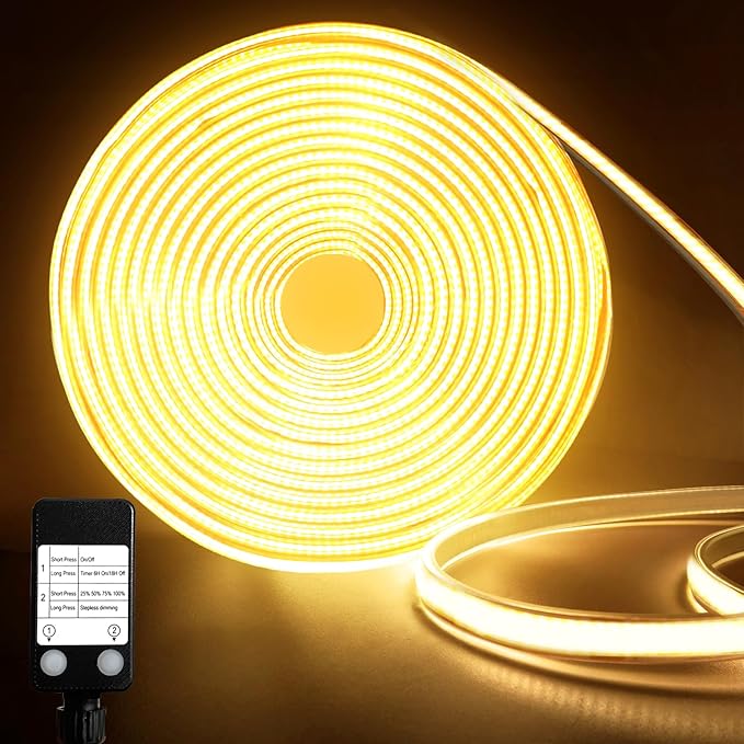 32.8Ft COB LED Strip Lights Outdoor Waterproof, 3200 LED Strip Light PVC Casing Tape Light Flexible with Self-Adhesive Timer Dimmable for House Garden Camping DIY Lighting (Warm White)
