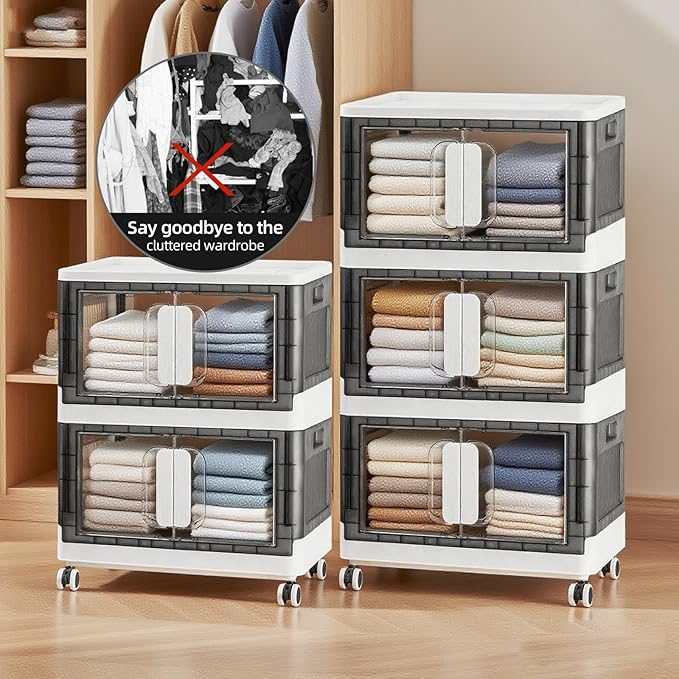 Folding Storage Organizer with Silent casters | Stackable Design for Home & Office, Heavy-Duty Plastic Storage Bin with Clear Door, 3 Sizes (19.5/23.5/27.5in),Black/White (23.6" 3 layer, White)