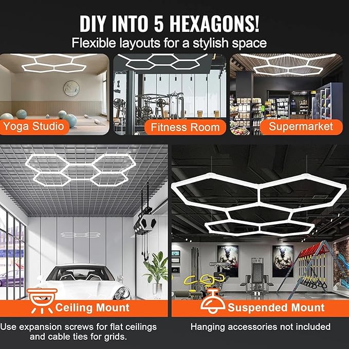 5-Hexagon LED Garage Light, 600W 60,800LM Honeycomb Ceiling Light with T5 Tube Rectangle, 6500K Ultra Bright Hexagon Light for Garage, Auto Detailing, Workshop (25PCS Panels)
