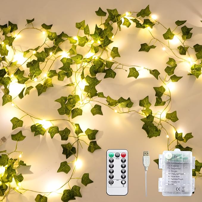 Fake Plants Vines,33ft 100 LED Artificial Ivy Garland with Fairy Lights,for Home Living Room Bedroom wall Art Aesthetic Office Coffee Wedding Party Farmhouse Dorm Outdoor Garden Decor