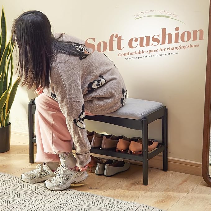 Shoe Bench Entryway Bamboo 2-Tier Shoe Rack with Cushion Padded Seat Shoe Bench Organizer Stable for Hallway, Living Room, Bedroom(31.5 * 11.4 * 16.5IN, Black-Gray)