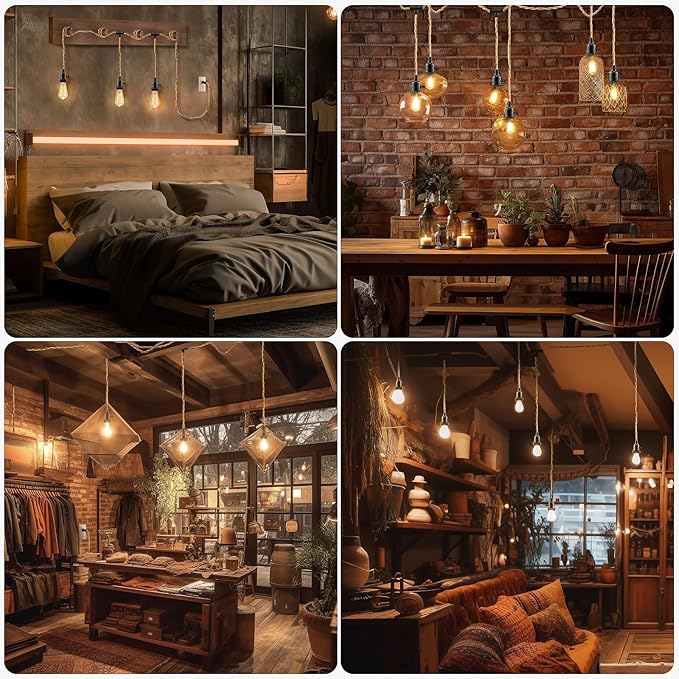 3 Light Plug in Pendant Light Cord, 25FT Hanging Lights with Plug in Cord, Hemp Rope Hanging Light Kit with 2 Way Switch, Farmhouse Pendant Light Kits DIY HangingLight