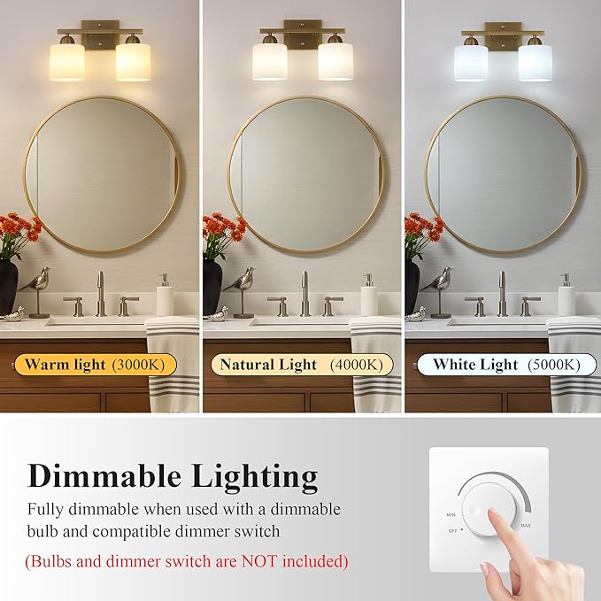 Milk Glass Vanity Lights for Bathroom, 2 Light Brass Bathroom Light Fixtures Over Mirror, Ceramic E26 Sockets Wall Mounted