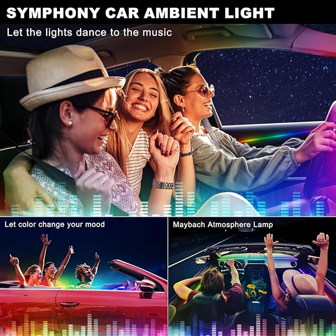 Acrylic Interior Car LED Strip Light with Wireless APP, Dreamcolor RGB 10 in 1 with 175 inches 600 LEDs Fiber Optic Car Ambient Lighting Kits, Dual Zone Sound Active Function LED Strip for Car