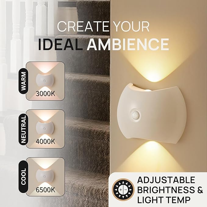 Battery Operated Wall Sconces Set of Two, Rechargeable Wireless LED Wall Lights — Motion Sensor, No Drill Magnetic Mount, 3 Modes, for Bedroom Hallway Stairs, White